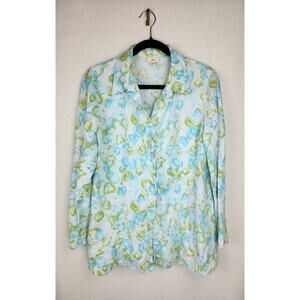 J Jill Top Womens M 100% Linen Blue & Kelly Green tassel watercolor leaf button